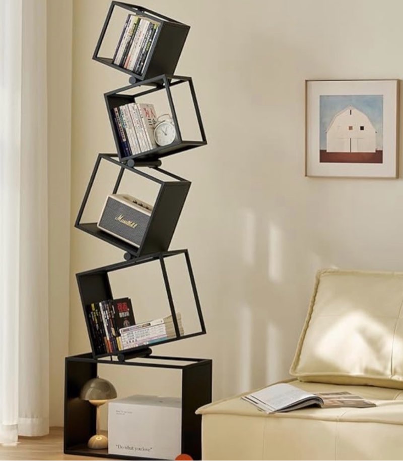 geometric bookshelf,5-tier unique bookcase,72.8" tall black modern book shelf,corner storage shelves for cds/books/home decor,vertical bookshelf book tower for living room, bedroom
