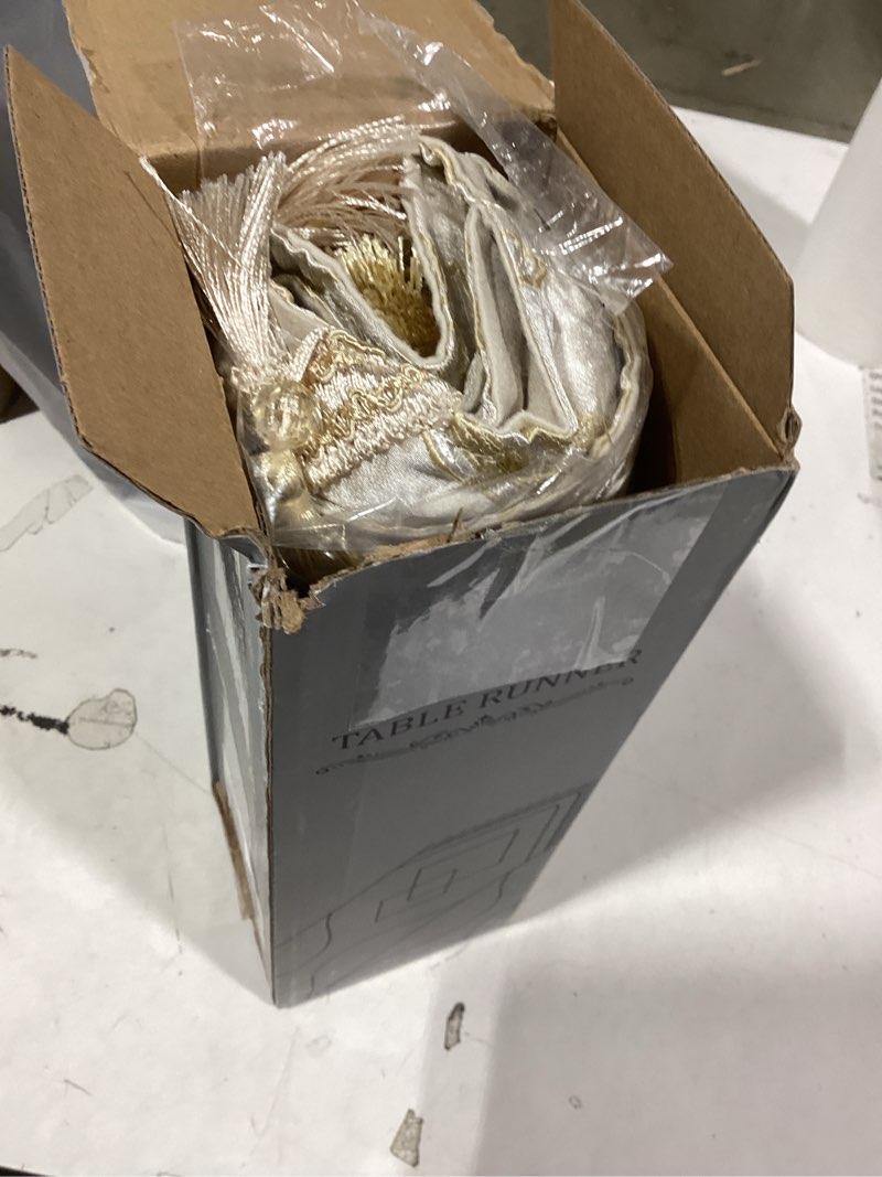 Condition photo showing Good Condition for Loom and Mill Luxury Table Runner 90 Inches Long, Floral Jacquard Damask Dining Table Runner with Multi-Tassels for Dining Room Dresser Party Banquet Holiday Decorations(Light Apricot, 13*90 inch) 13“ x 90” Light Apricot