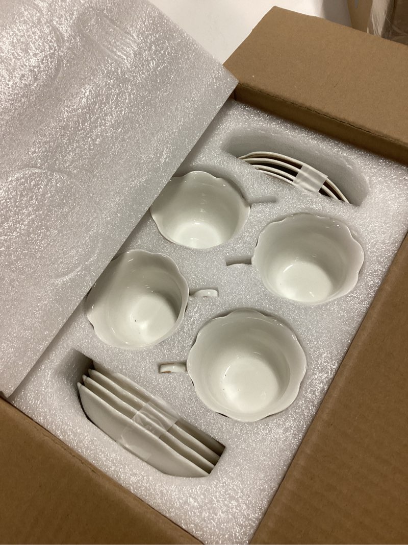 Condition photo showing Good Condition for PRECITIME White Porcelain Demitasse Set of 8 (16-Piece) - 2.5oz Espresso Cups & Saucers, Elegant White & Gold Trim Coffee Set for Turkish Coffee, After Dinner, Gift Giving