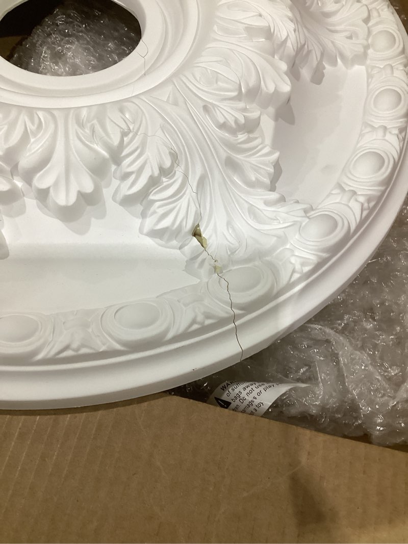Condition photo showing As Is for (damaged)ekena millwork cm18ga 18-inch od x 3 1/2-inch id x 1 3/4-inch granada ceiling medallion primed