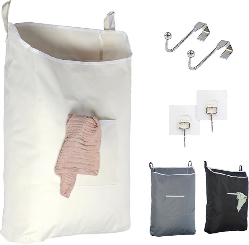 the fine living co. hanging laundry hamper with over door hooks & adhesive, durable space saving laundry bag with zipper and wide open top, hanging dorm laundry hamper 18"x4.75"x28" (beige-l)