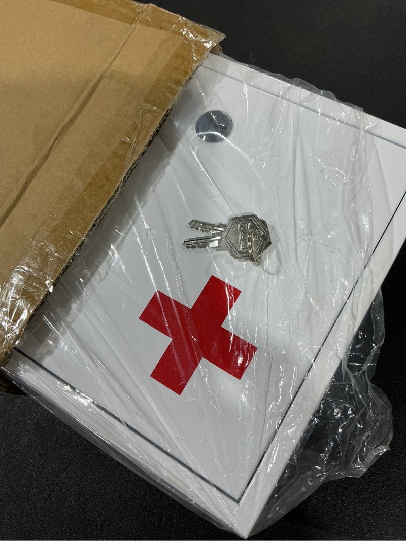 Condition photo showing Good Condition for Steel Wall-Mount Lockable Medical Cabinet, 2-Tier Medical Box with Key, Metal Storage Box, Medicine Organizer Secure Large Capacity, First Aid Cabinet for Bathroom School 12.59×8.46×3.14"