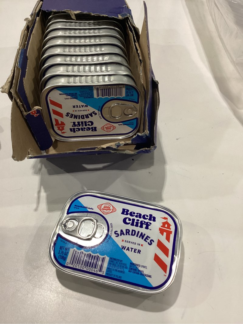 Condition photo showing New/Like New for Beach Cliff Sardines in Water, 3.75 oz Can (Pack of 12) - Wild Caught Sardines - 12g Protein per Serving - Gluten Free, Keto Friendly BEST BY MARCH 2028 SOME TINS DENTED 