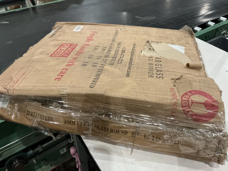 Condition photo showing As Is for 22 inch clear round glass table top, 1/4 inch thick, flat edge polished for small tables