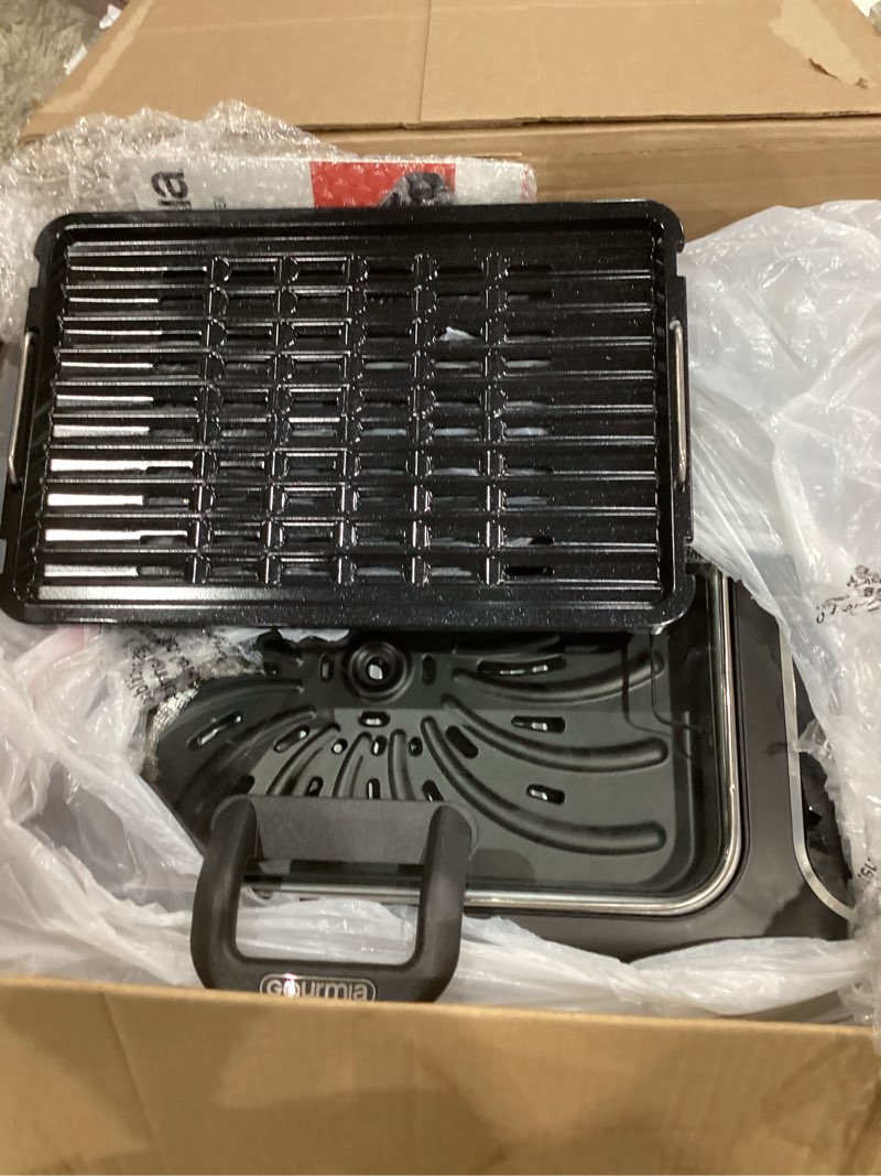 Condition photo showing Good Condition for gourmia smokeless indoor grill - air fryer combo with smoke extractor, 5 cooking presets, grill, air fry, roast, bake, dehydrate, countertop cooker, glass lid