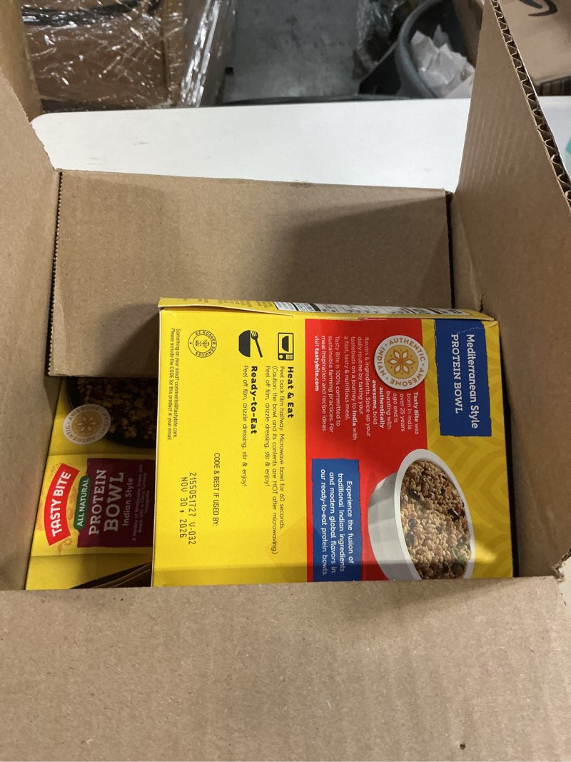 Condition photo showing Good Condition for Tasty Bite Bowls Variety, Pack of 6, Mexican Protein, Mediterranean Protein, Indian Protein, Chickpea Biryani, Smoky Paneer Biryani, Vegetable Biryani