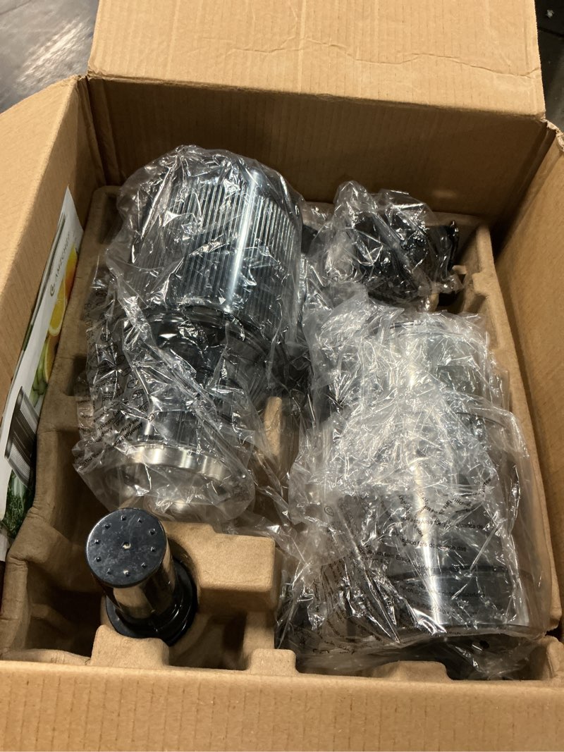 Condition photo showing As Is for AMZCHEF Cold Press Juicer, Juicers Machines - 5.4" Large Feed Chute for Whole Fruits & Vegetables, Stainless Steel Slow Masticating Juice Easy to Clean, Large Auger, Triple Strainers Silver 5.4-inch Feed Chute