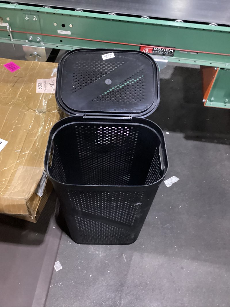 Condition photo showing Good Condition for Mind Reader Slim Laundry Hamper with Lid, 60L Clothes Basket, Ventilated Plastic, Black Black Single