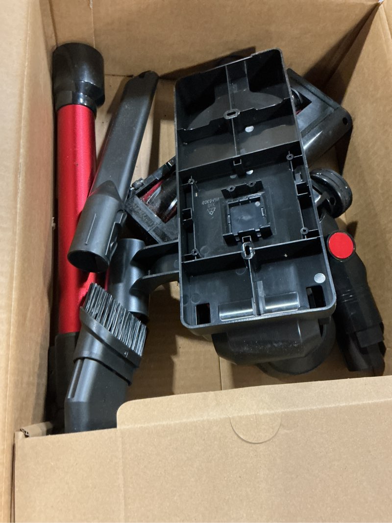Condition photo showing As Is for olixis cordless vacuum cleaner with flexible steering & extendable pole,3 brush heads, lightweight wireless rechargeable upright vacuum with led light & wall mount for hardwood floors & carpet black red 11"*10"