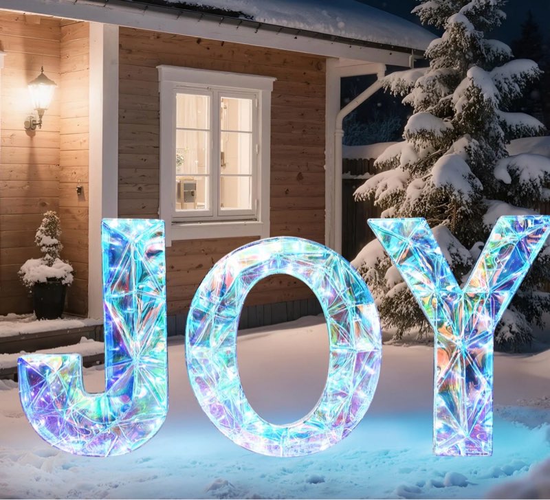 HOYECHI 3-Piece Christmas Joy Yard Decoration - 3D Prismatic Lighted Outdoor Holiday Décor with 135 Lights, Ground Stakes - Holiday Xmas Lawn Porch Patio Display - Iridescent