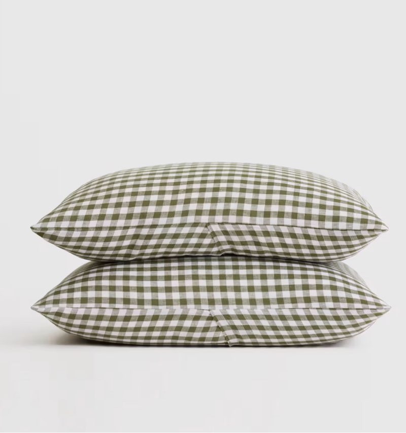 quince european linen sham set standard olive gingham