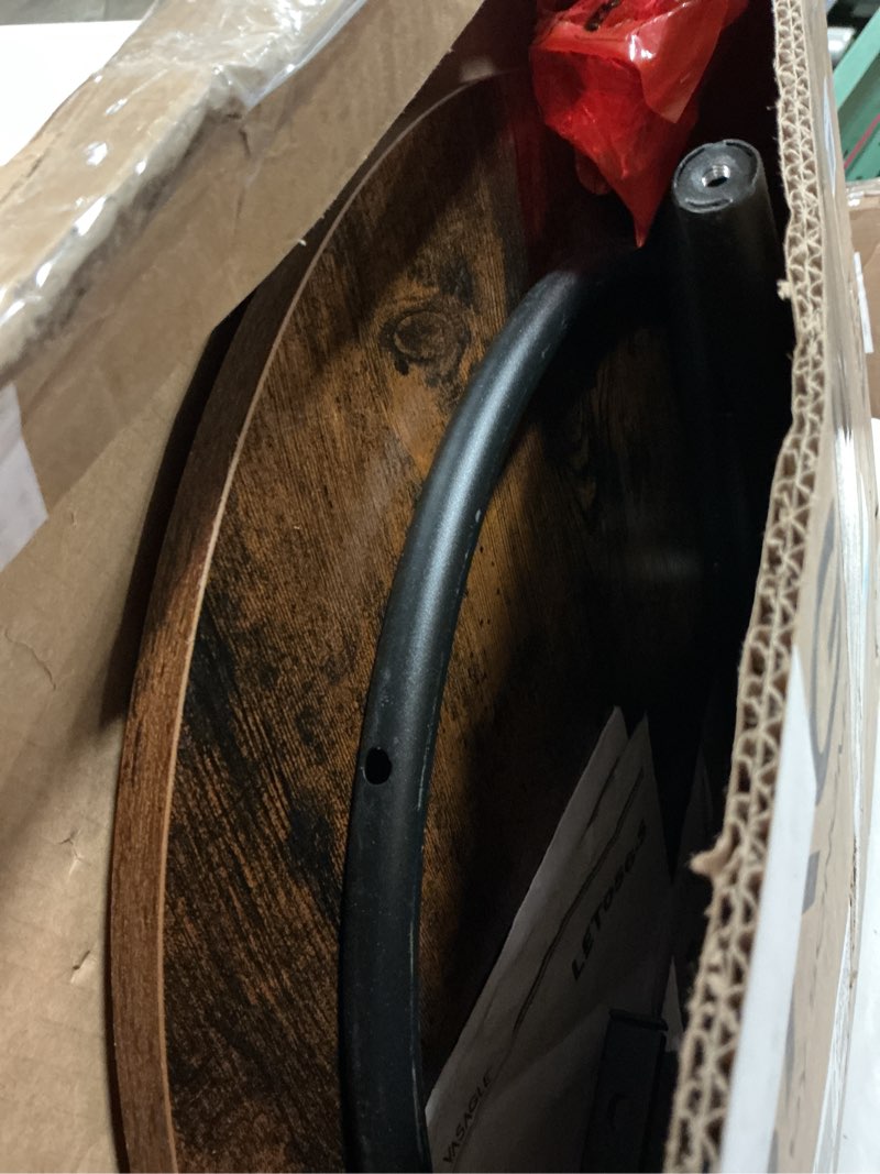 Condition photo showing As Is for vasagle 21.7-inch round side table, 2-tier end table, nightstand with steel frame, spacious top, for small spaces, living room, bedroom, rustic brown and ink black ulet56bx rustic brown + ink black without power strip