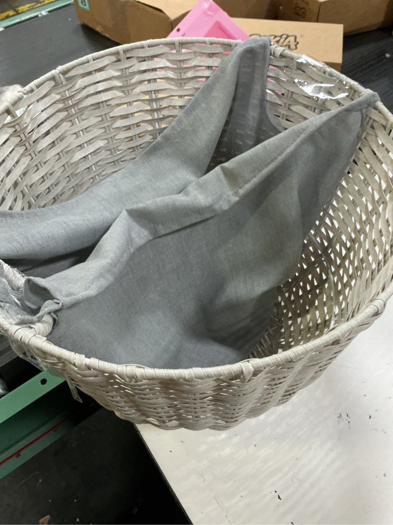 Condition photo showing Good Condition for large round tonal faux wicker storage bin with fabric liner and rattan handles – decorative woven ba