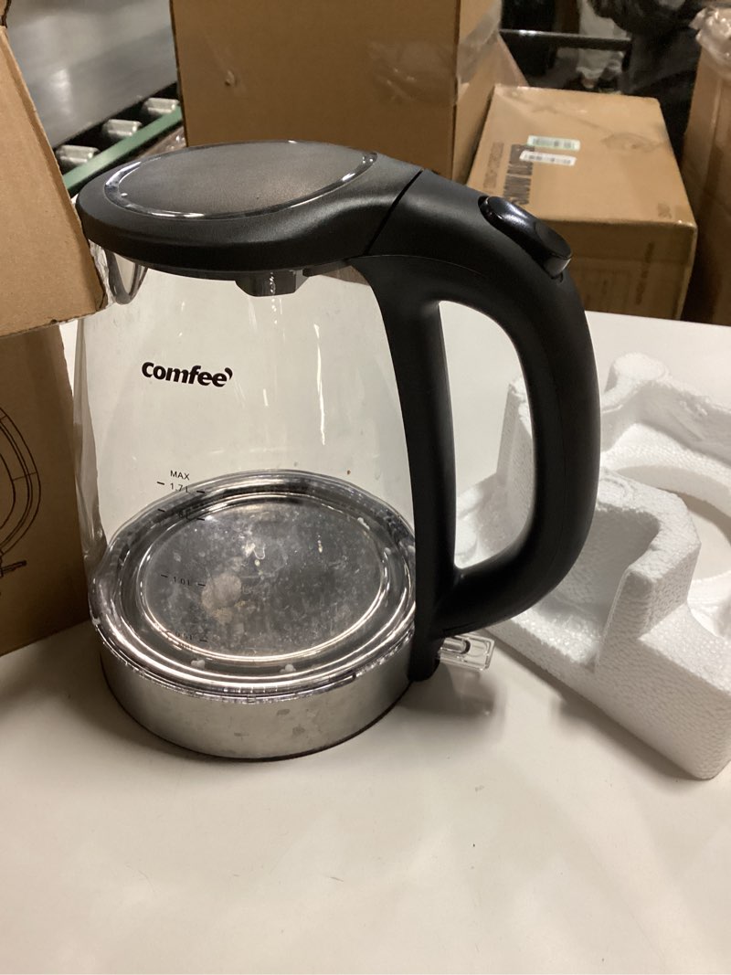 Condition photo showing item condition for COMFEE' Glass Electric Tea Kettle & Hot Water Kettle Electric, 1.7L Electric Kettle with LED Indicator, 1500W Fast Boil, Auto Shut-Off and Boil-Dry Protection Black 1.8 Quarts