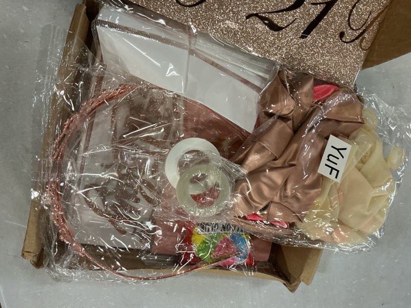 Condition photo showing Good Condition for 21st birthday decorations for her, rose gold happy 21st birthday decorations for girls, 21 sash and crown, banner, fringe curtains, hanging paper fans, 21 year old party supplies set