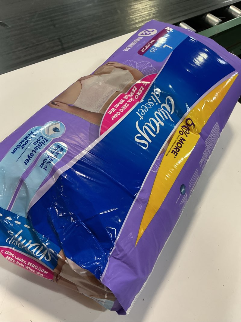 Condition photo showing Good Condition for always discreet adult diapers for women, incontinence underwear, postpartum essentials, disposable briefs, max absorbency, bladder leak protection, large, 28ct large 28
