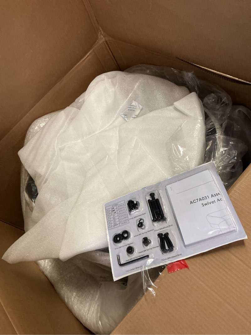 Condition photo showing New/Like New for Swivel Accent Chair, Upholstered Barrel Chair with Open Back Design, Modern Arm Chair with Wooden Base for Living Room Bedroom Reading Waitingroom, White