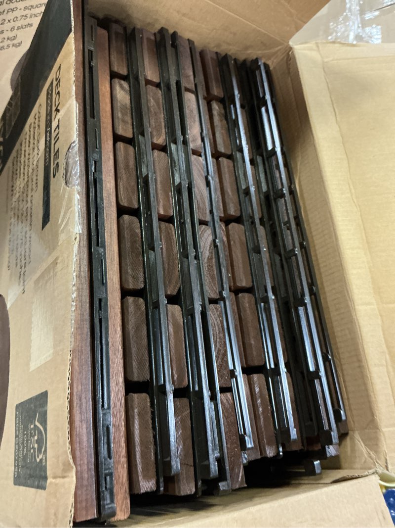 Condition photo showing Good Condition for thyoi premium deck tiles, patio flooring - outdoor waterproof acacia wood tiles for all weather use - balcony, backyard, indoor & outdoor (square ft) (10, dark brown, 6s) dark brown set 10 striped pattern 10