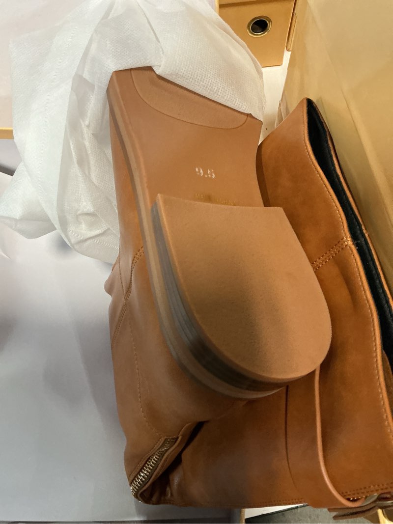 Condition photo showing New/Like New for women's knee high boots chunky heel square toe tall boots for women low heel back zipper boots 6 brown,size 9.5