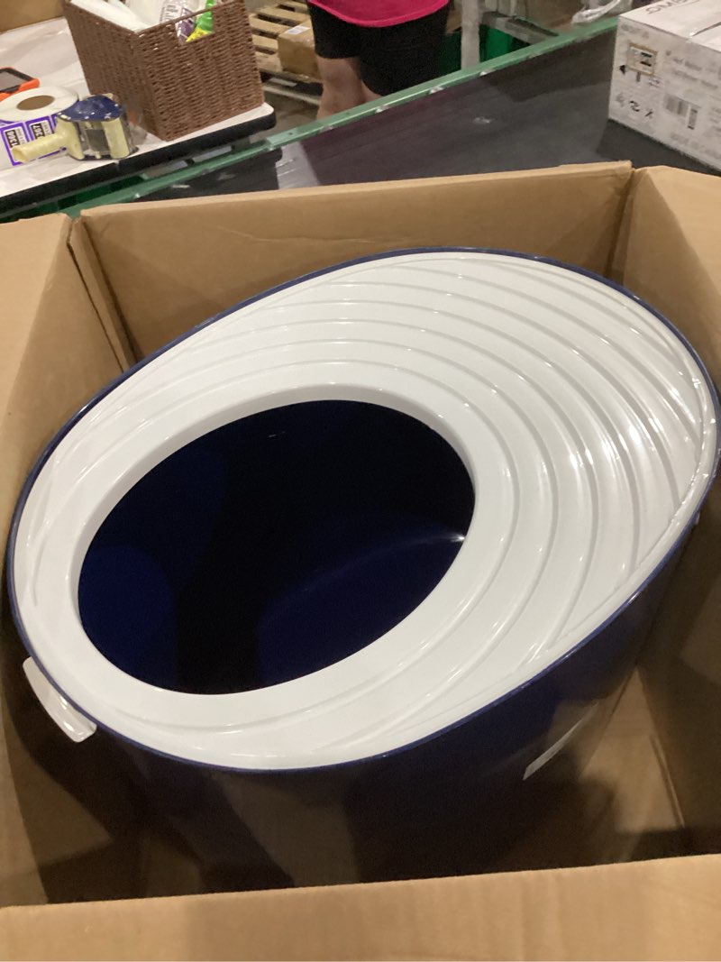 Condition photo showing As Is for iris usa large cat litter box with lid, top entry design, covered enclosure, dog proof, litter scatter control, odor reducing, includes scoop for indoor cats & kittens, navy/white, made in the usa