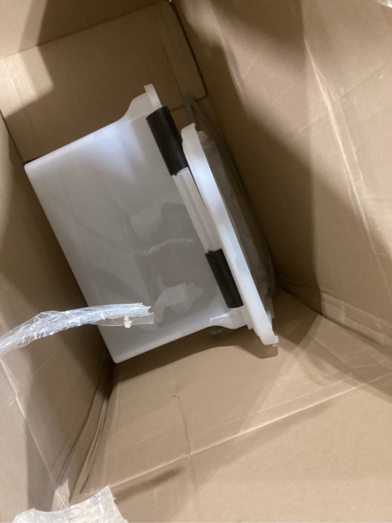 Condition photo showing As Is for IRIS USA 32 Quart WEATHERPRO Plastic Storage Box with Durable Lid and Seal and Secure Latching Buckles, Clear with Black Buckles, 6 Pack