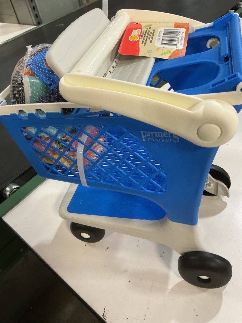 Condition photo showing New/Like New for let's go shopping pretend scan & sort shopping cart, sturdy plastic, includes pretend food, blue shopping cart for kids age 2+