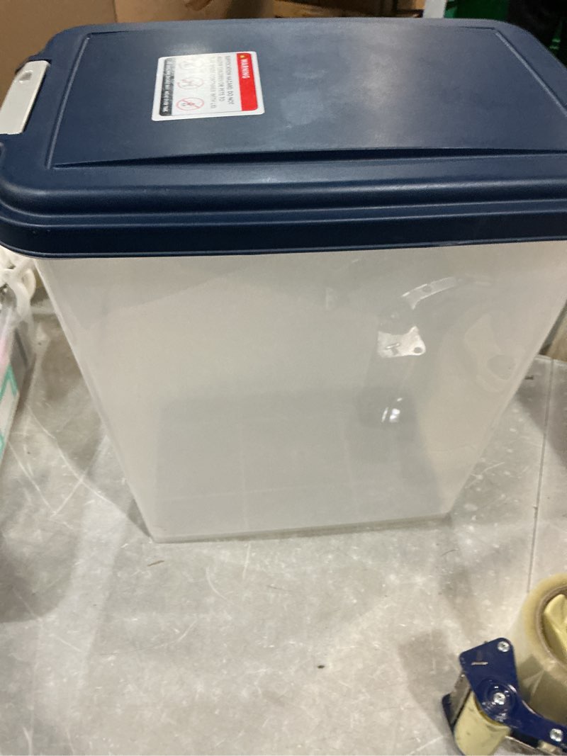 Condition photo showing As Is for iris usa airtight dog food storage container, up to 30 lbs, attachable wheels, for dog cat bird and other pet food storage bin, keep fresh, easy mobility, bpa free, navy