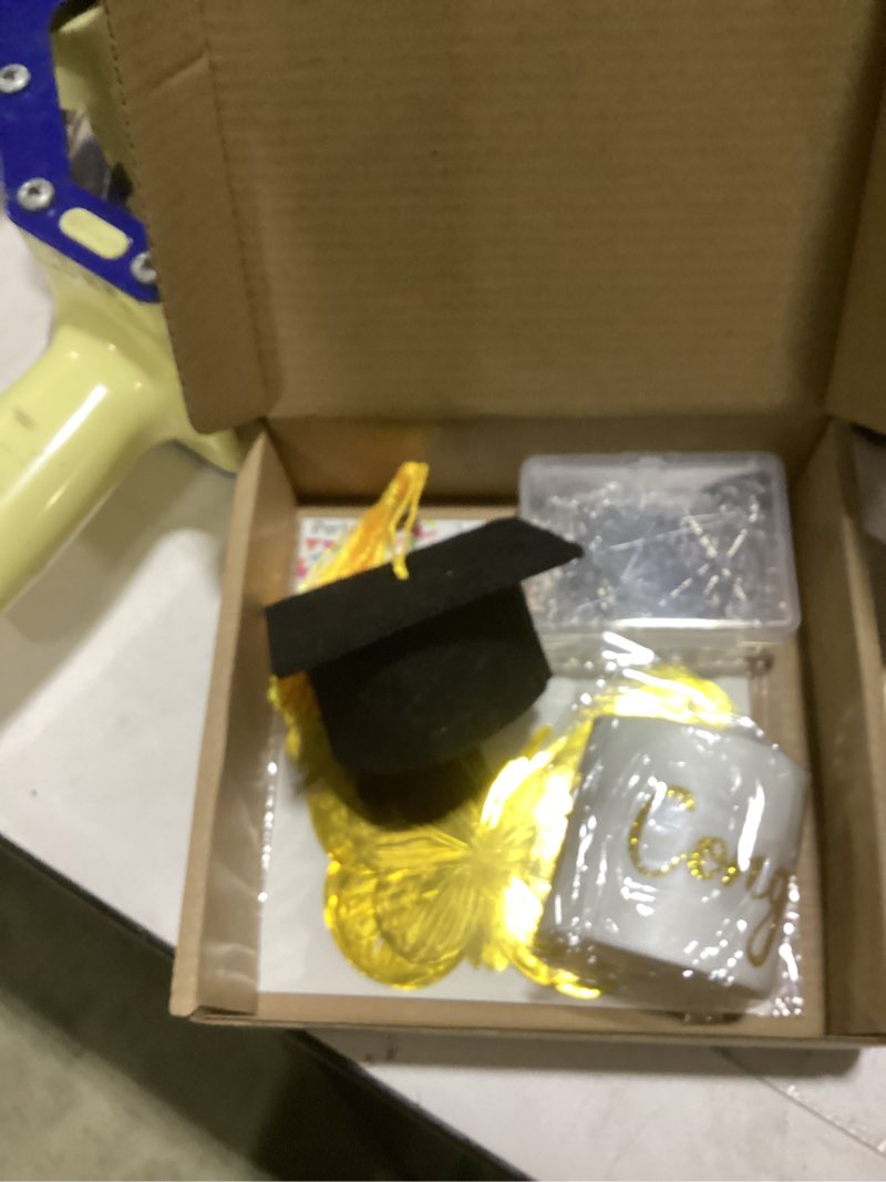 Condition photo showing As Is for zeyune 114 pcs 2026 diy graduation bouquet set white ribbon with glitter gold congrats grad mini graduation caps with tassel gold butterfly decor diamond pins for graduate diy flower gift for her him black and golden congrats grad
