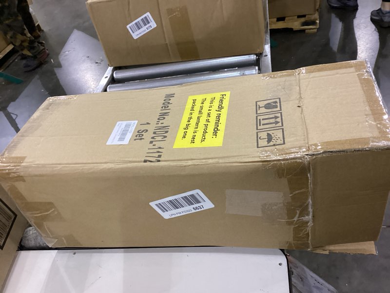 Condition photo showing As Is for NEEDOMO Christmas Decorations Outdoor&Indoor, 17''/12'' Metal Candle Lantern Decor,Christmas Lanterns with Snowflakes Stars and LED Candle for Home Porch Patio Table Centerpieces, Xmas,No Glass Gold