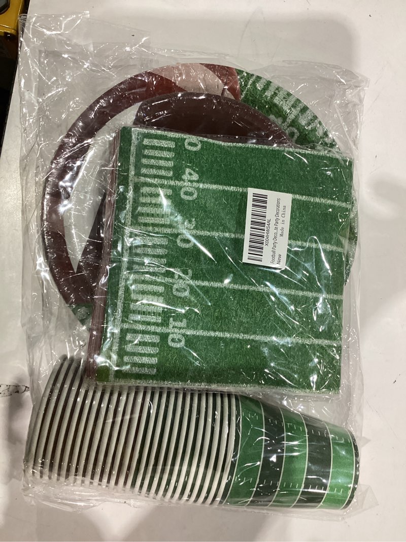 Condition photo showing New/Like New for Football Party Decorations Set Serve 24, Football Party Supplies Kit Includes Dinner Plates, Dessert Plates, Napkins, Cups for Football Birthday Party Football Game Day Tailgate Party Decorations