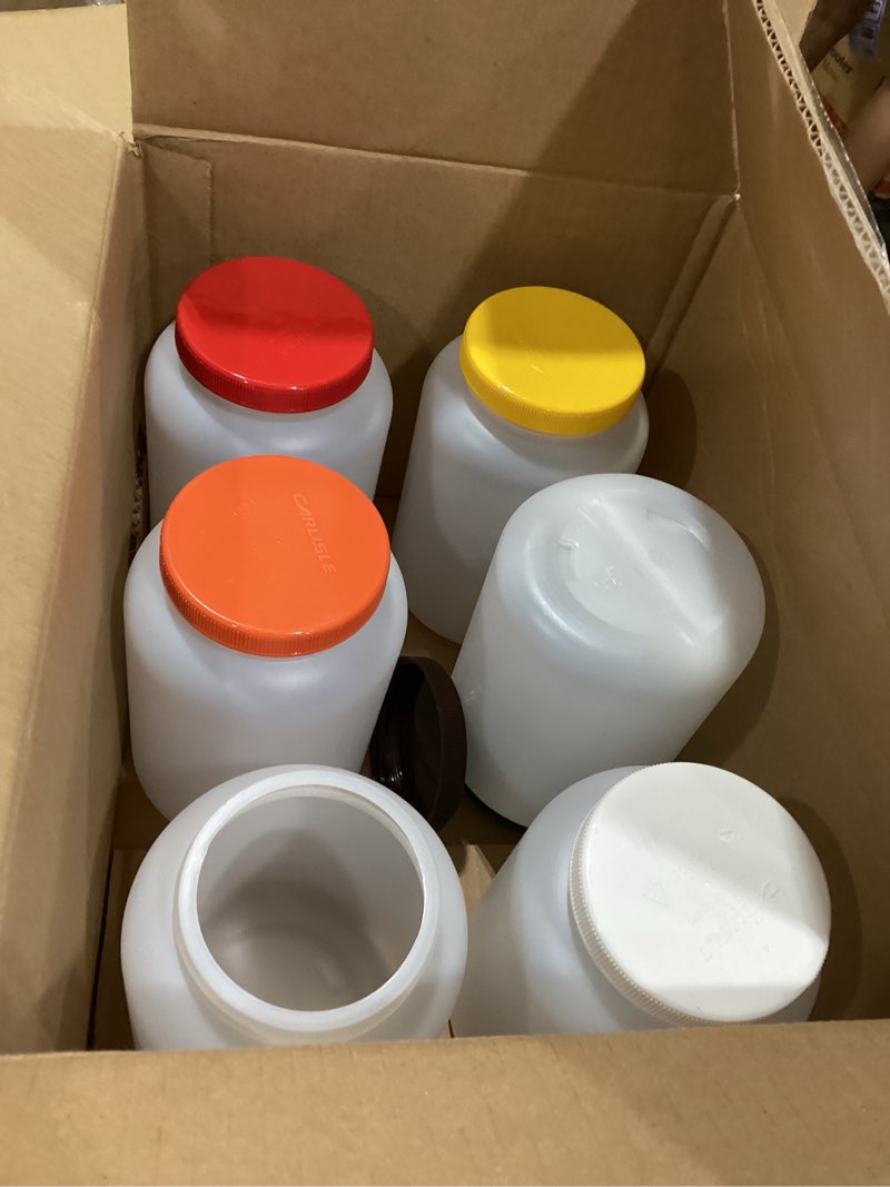Condition photo showing As Is for carlisle foodservice products stor n' pour half gallon containers with assorted lids for bar, kitchen, and restaurant, plastic, 0.5 gallon, assorted colors, (pack of 6)