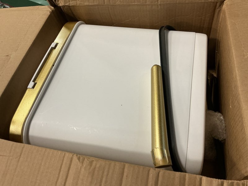 Condition photo showing As Is for procade bathroom trash can with lid, plastic garbage can with lid, 4 gal gold trash bin with push button, narrow white trash can waste basket for bedroom, living room,office?dog proof trash bin