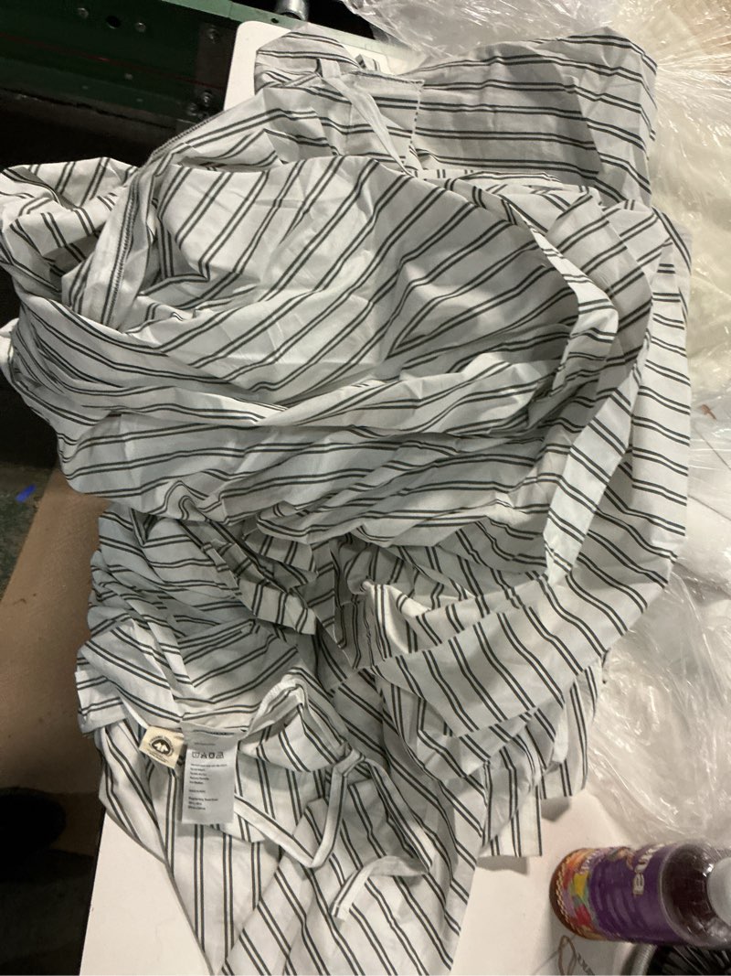 Condition photo showing Good Condition for organic crisp percale double stripe duvet cover set color: white/mineral size: king/cal king set: with sham set