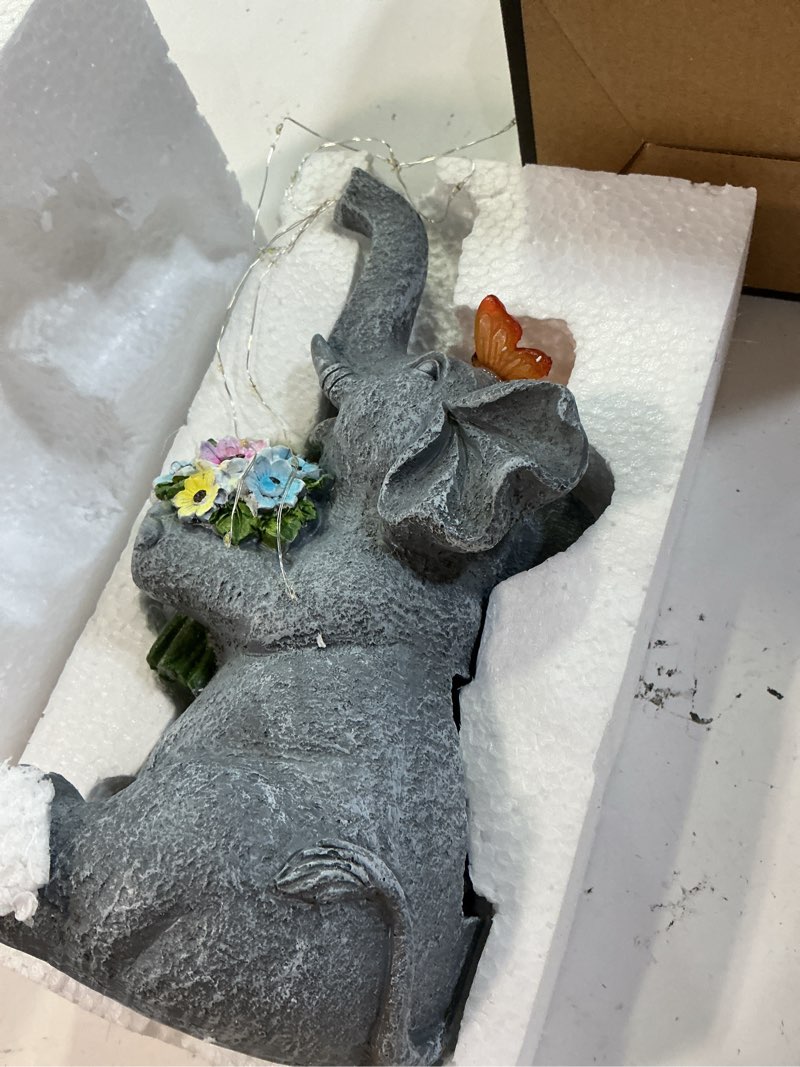 Condition photo showing Good Condition for solar garden elephant, lights watering decor, animal statue outdoor, fairy garden accessories,patio,yard,balcony decorations, lawn ornament, housewarming, birthday,mothers day mom gifts