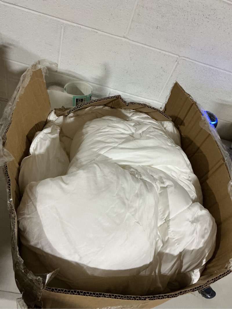 Condition photo showing As Is for serta down illusion soft hypoallergenic 2 inch pillowtop simple fit mattress topper, queen, white queen white