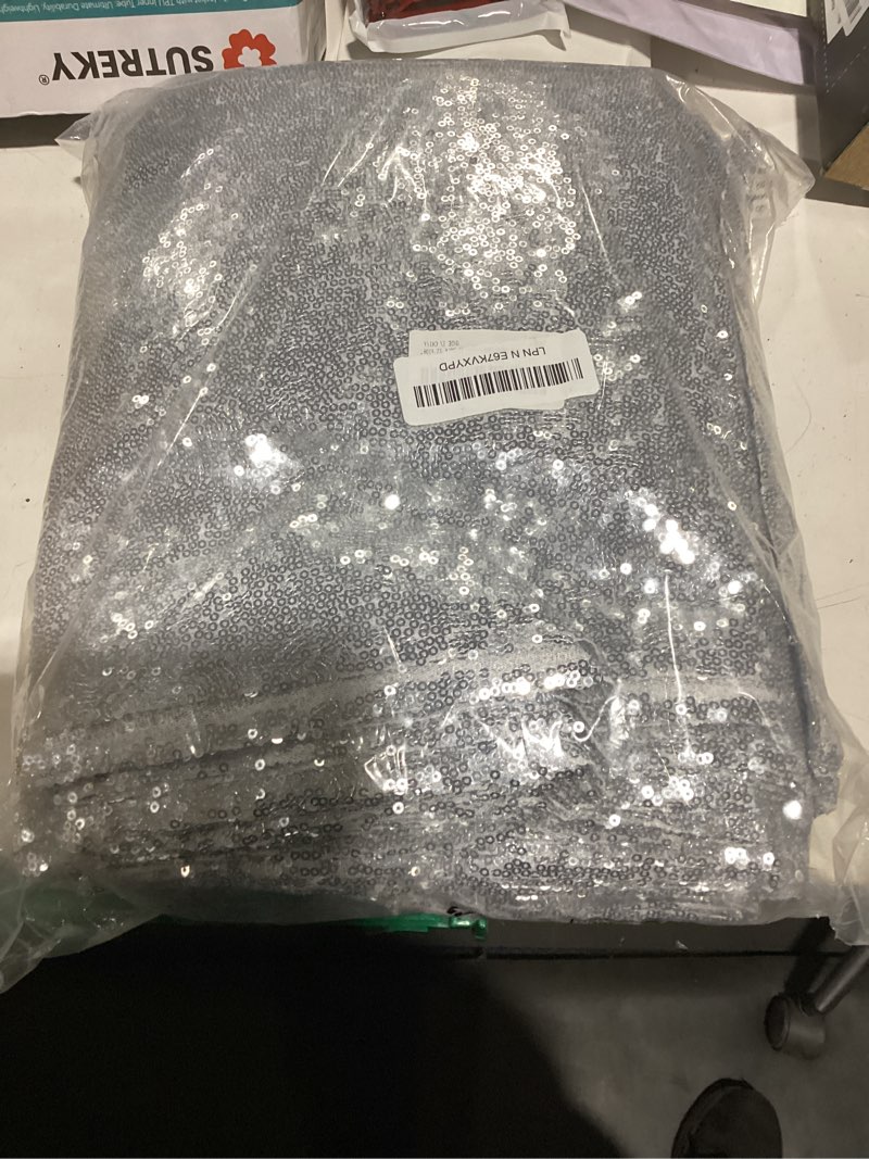 Condition photo showing New/Like New for 12 pack silver sequin table runner 12x108 inch, high density sparkly glitter table runners for wedding reception, birthday party, banquet, baby shower, silver metallic shimmering decor 12" x 108"-12pcs silver