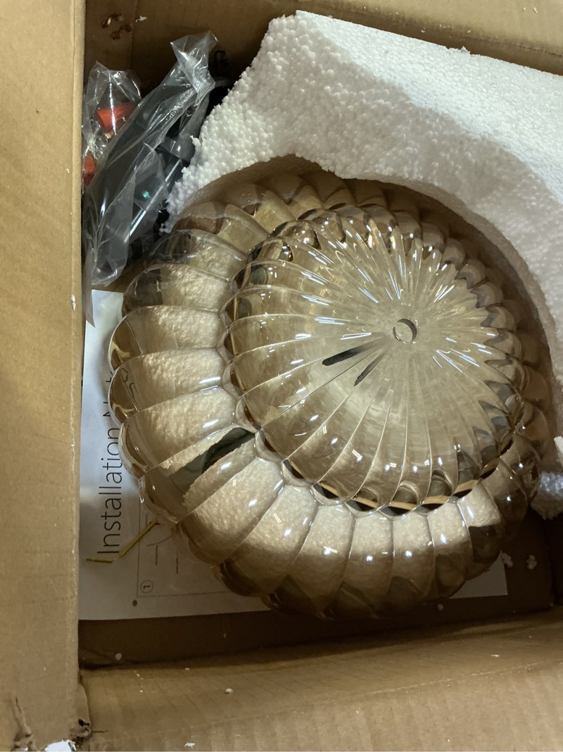 Condition photo showing New/Like New for black semi flush mount ceiling light with amber glass shades, 3-light modern farmhouse chandelier for kitchen, bathroom, hallway, and entryway