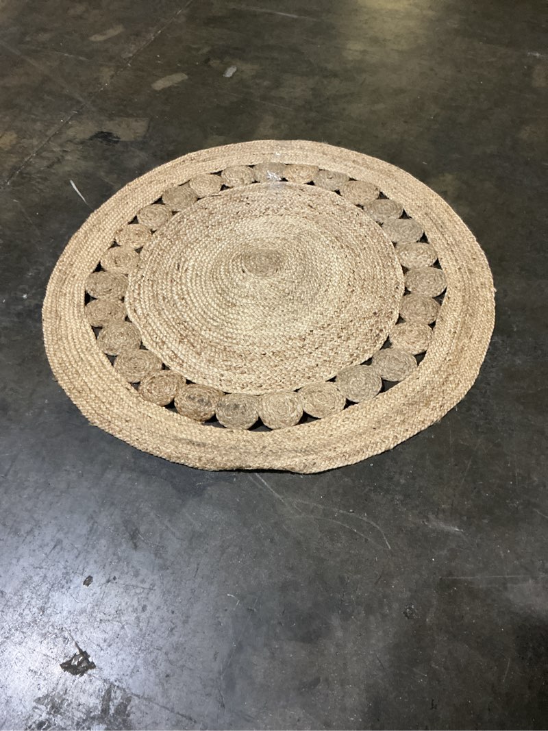 Condition photo showing Good Condition for savi home jute area rug handwoven- 4 feet round- natural beige - rustic vintage beige braided reversible jute rug- eco friendly rugs for farmhouse, bedroom, kitchen, living room