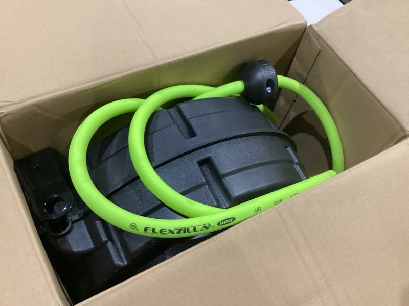 Condition photo showing As Is for flexzilla retractable enclosed plastic air hose reel, 3/8 in. x 50 ft., heavy duty, lightweight, hybrid, zillagreen - l8250fz