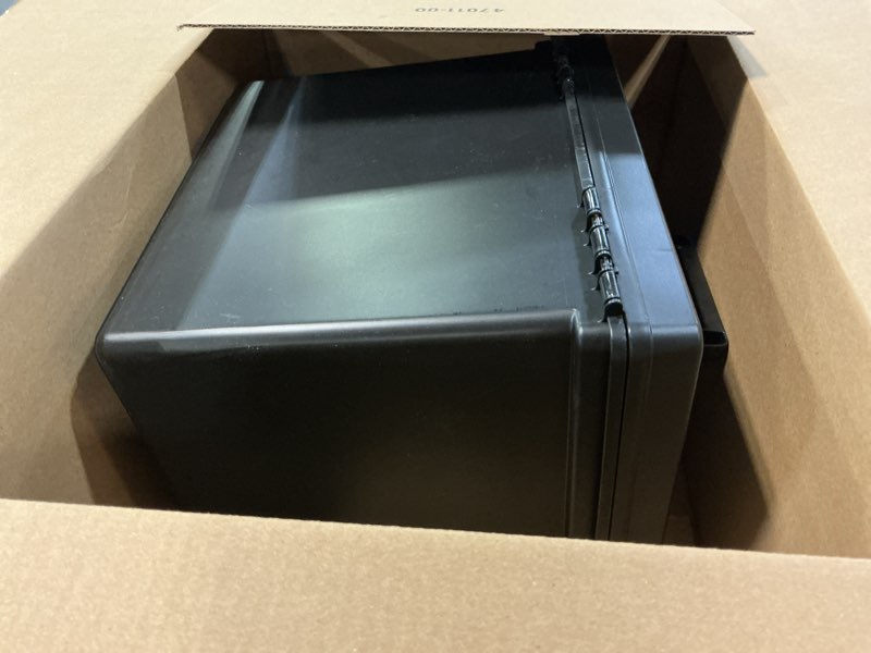 Condition photo showing As Is for IRIS USA File Box with Lid File Organizer for Letter File w/Organizer-Lid, Plastic Mobile Filing Organizer, Water Resistant Document Box, Portable File Box with Handle, Secure Buckle, Lockable, Black Black - Single