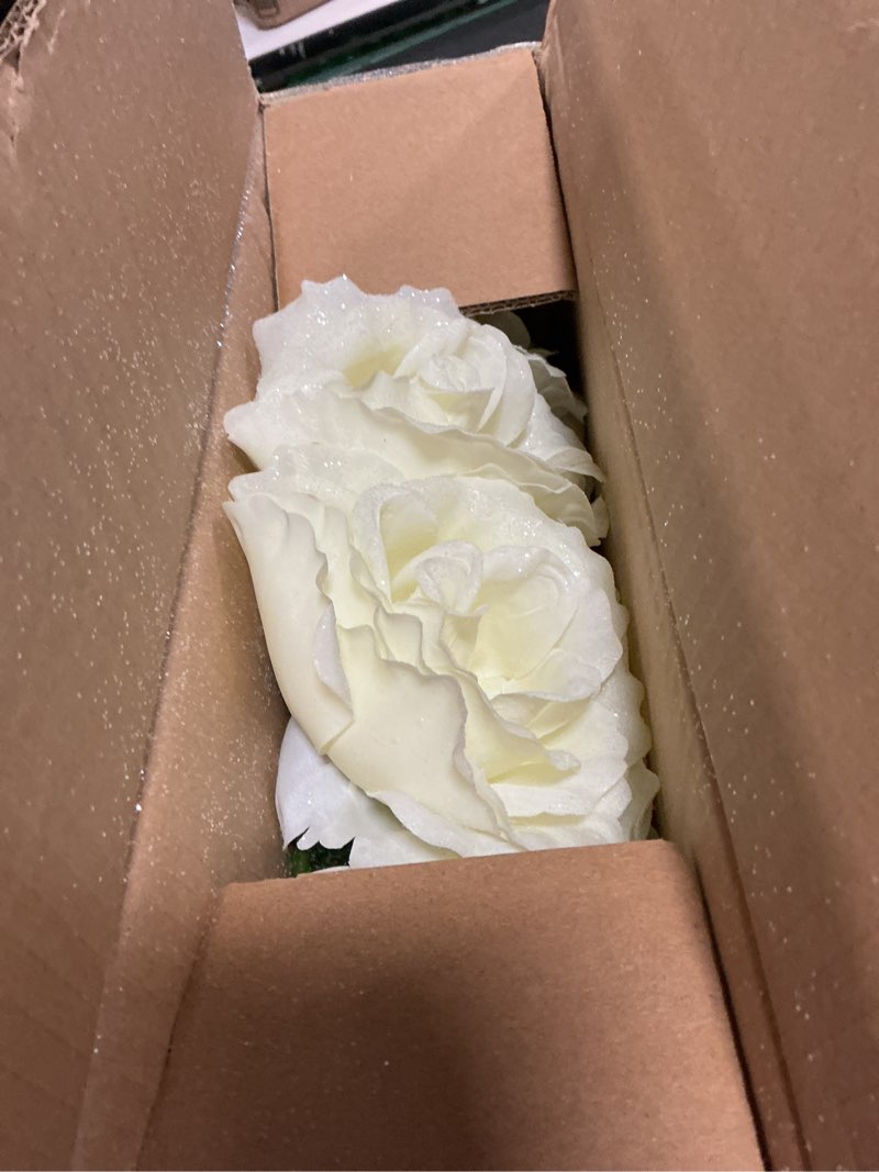 Condition photo showing As Is for glitter flowers,30pcs white roses artificial roses with stems for wedding bouquet party christmas home decor(white)