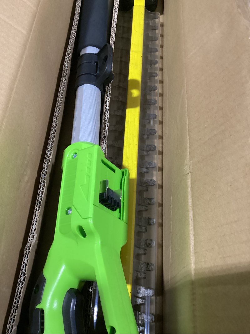 Condition photo showing As Is for Earthwise LPHT12022 Volt 20-Inch Cordless Pole Hedge Trimmer, 20 inch, 2.0AH Battery & Fast Charger included