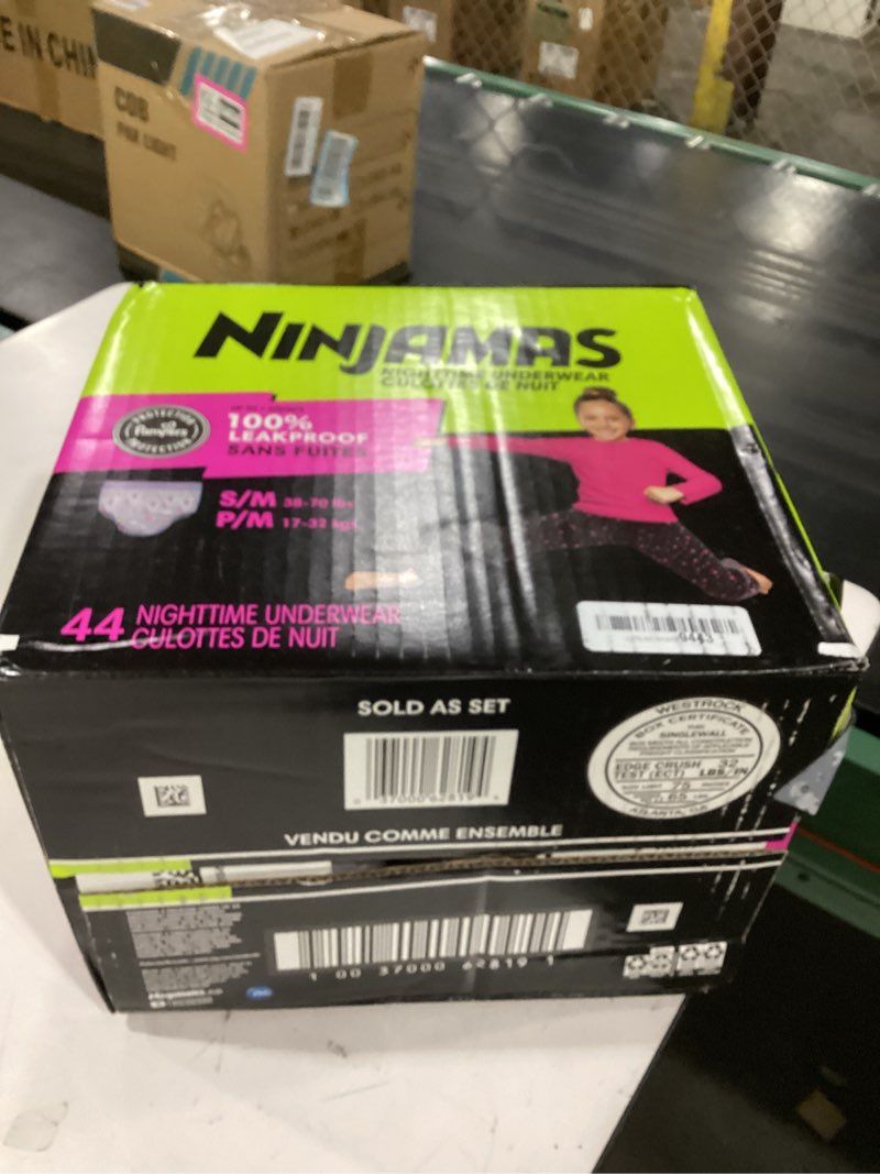 Condition photo showing New/Like New for ninjamas girls bedwetting nighttime underwear, size s/m (38-70 lbs), 44 count, overnight protection, ultra absorbent, hypoallergenic small/medium 44