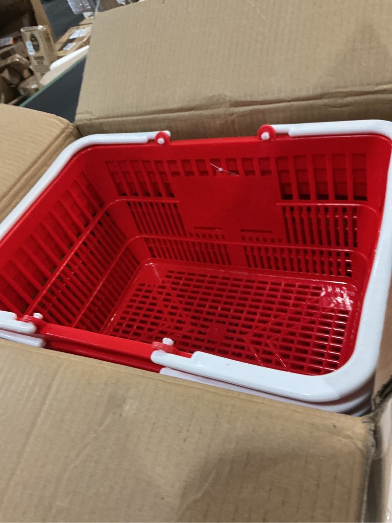Condition photo showing New/Like New for vevor shopping baskets, 4 pcs, 21l stackable pe plastic grocery baskets with handles, dense mesh structure, holds up to 20 lbs, portable for grocery, retail, stores, supermarket, home use, red