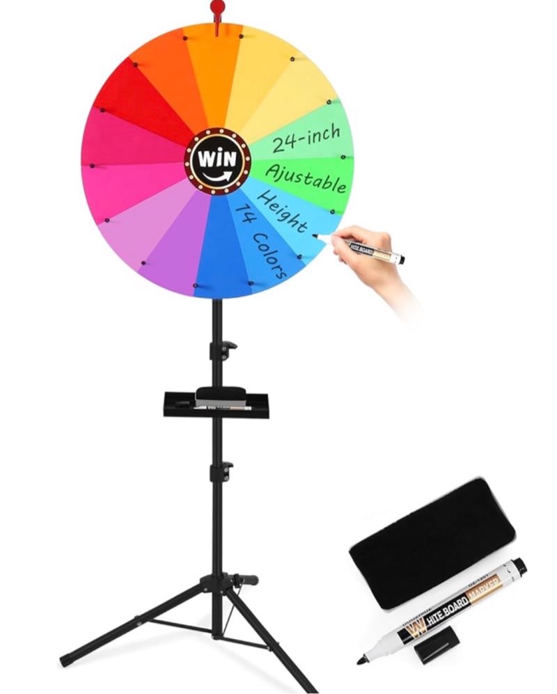 gadfish 24-inch prize spinning wheel, adjustable height 37"-65", spin doodle game spinning roulette wheel, storable prize spinning wheel with stand, wheel of fortune game