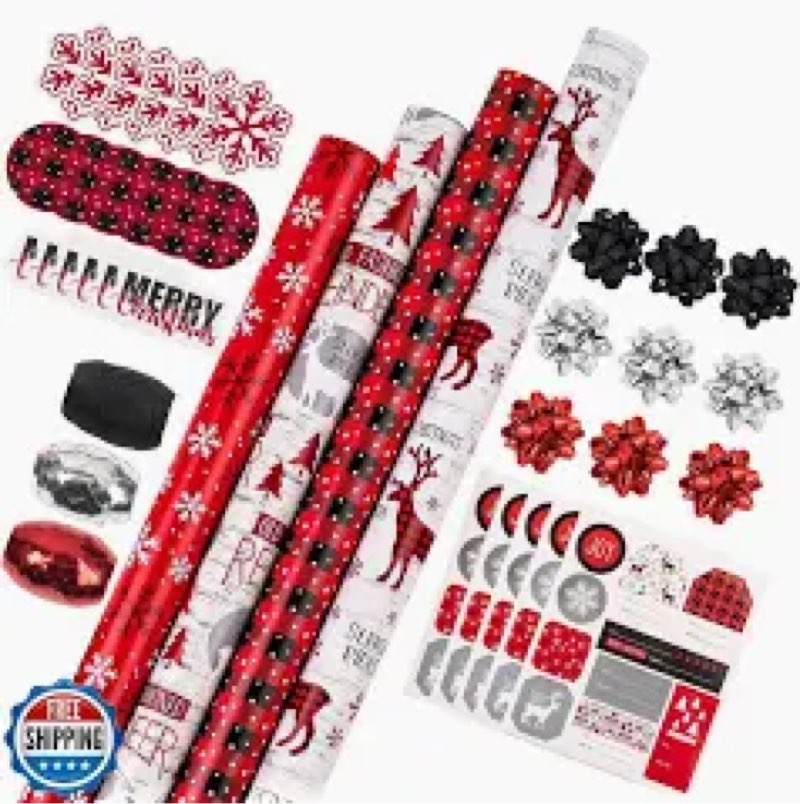 WRAPAHOLIC Christmas Wrapping Paper Set - Reindeer, Snowflake, Plaid Wrapping Paper Bundle with Gift