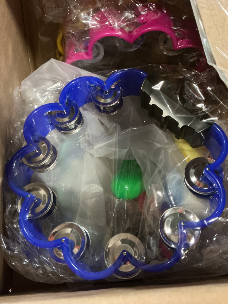 Condition photo showing Good Condition for 15 pcs petal tambourine set-with sand hammers jingle all the way!double row metal jingles hand held percussion drum for bar party ktv school family christian dance christmas charity project