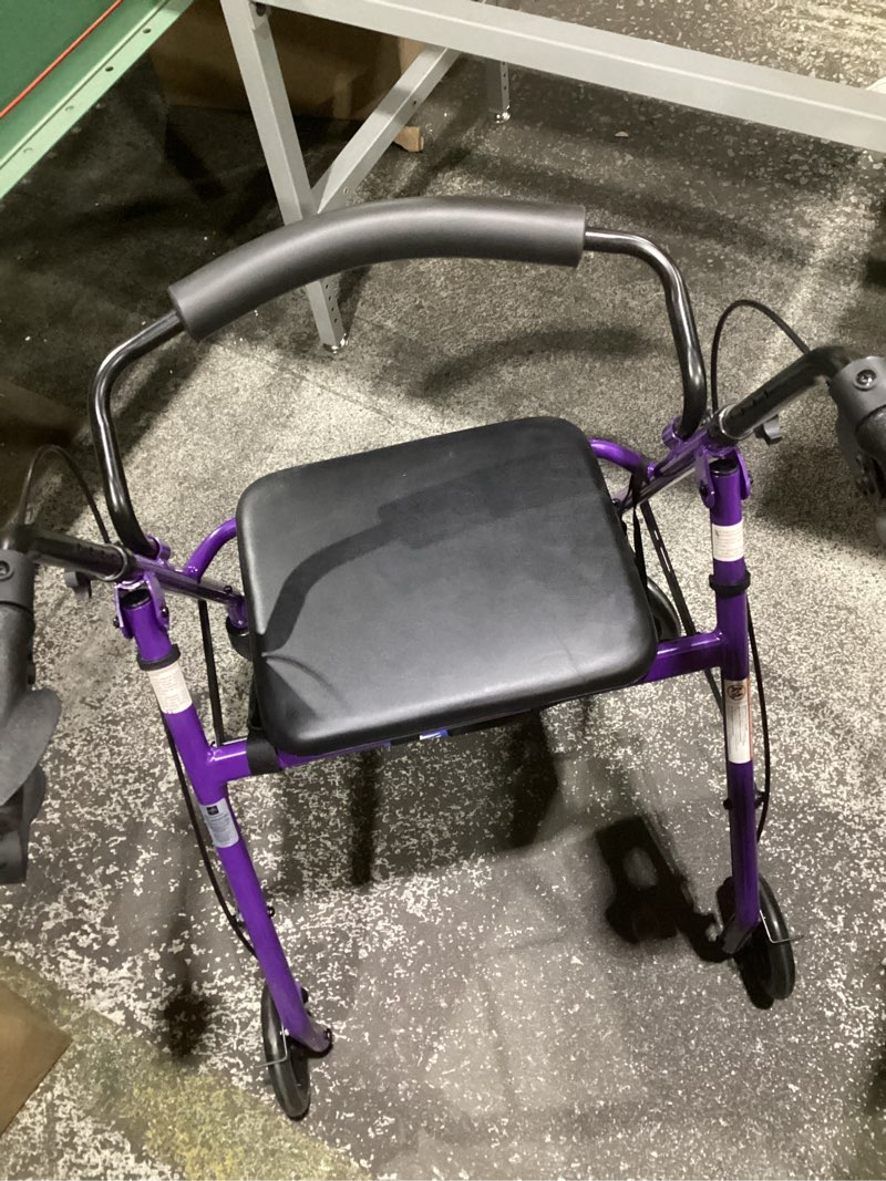 Condition photo showing Good Condition for medline aluminum rollator walker with seat, purple, 250 lb. weight capacity, lightweight, 6” wheels, foldable, adjustable handles, rolling walker for seniors