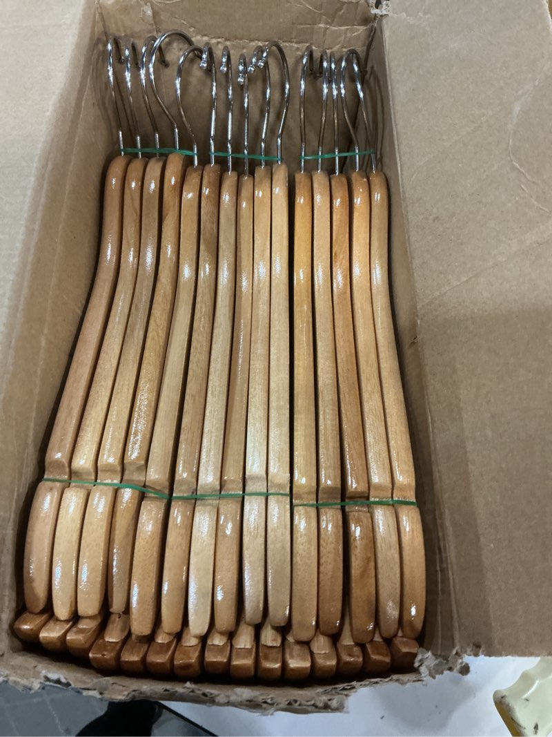 Condition photo showing Good Condition for wooden hangers 30 pack, heavy duty wood hangers for coats, suits, jackets, closet & pants durable premium wood hangers with 360-degree rotatable hook and notches, natural 30p