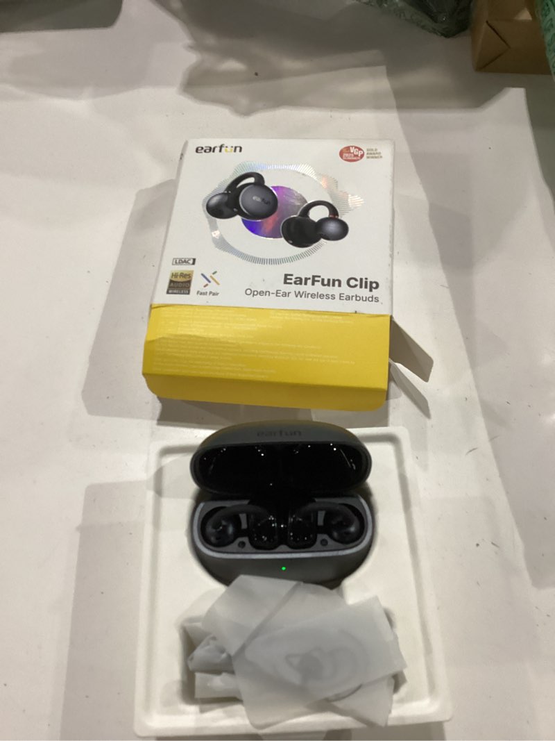 Condition photo showing New/Like New for EarFun Clip Open Ear Earbuds, Wireless Clip On Headphones, Adaptive Comfort with Secure Fit, Bluetooth 6.0, LDAC, Hi-Res Audio, 2 Mics AI ENC Call, 40H Playtime, Earbuds for Sports, Running, Workout Silver Grey